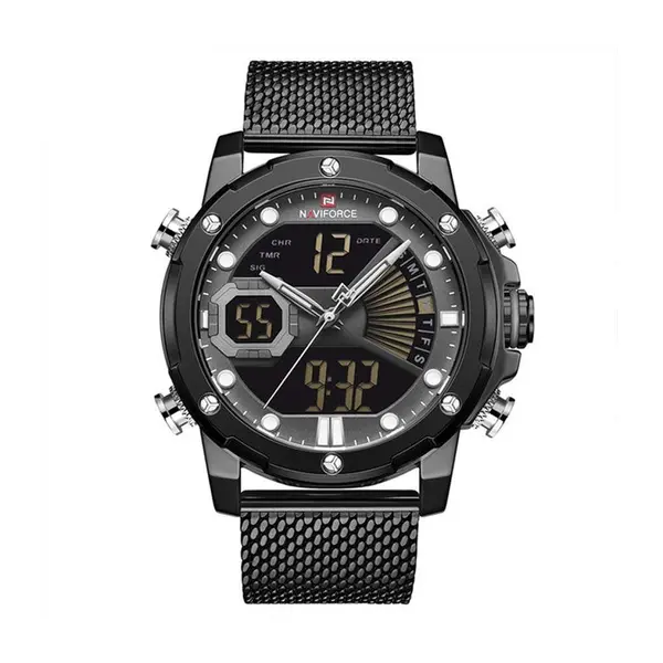 Naviforce NF9172 Stainless Steel Dual Movement Fashion and Casual Men's Watch – Dial Color: Black, Strap Color: Black – View 1