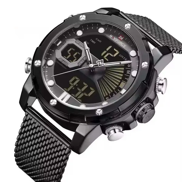 Naviforce NF9172 Stainless Steel Dual Movement Fashion and Casual Men's Watch – Dial Color: Black, Strap Color: Black – View 2
