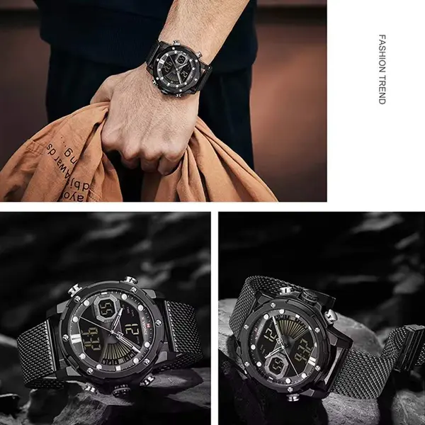 Naviforce NF9172 Stainless Steel Dual Movement Fashion and Casual Men's Watch – Dial Color: Black, Strap Color: Black – View 4