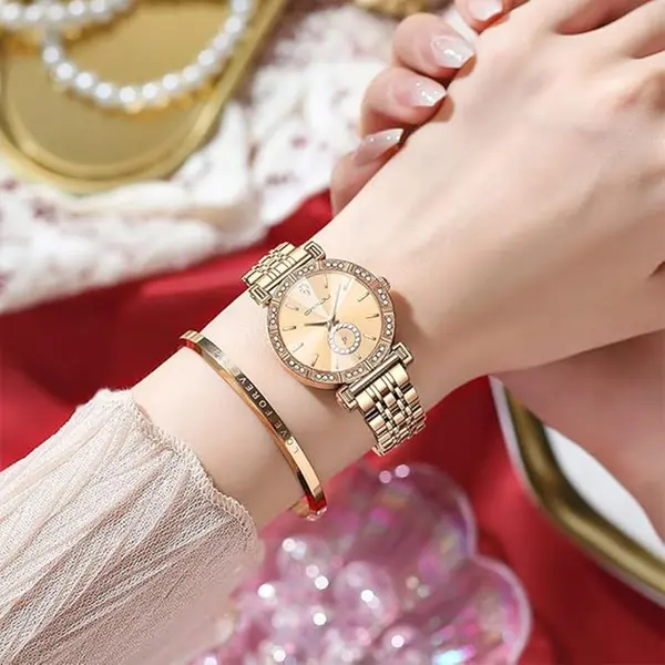 CRRJU 2494 Classic Fashion Rhinestone Diamond Movement Analog Dress  Women Watch – Dial Color: Gold, Strap Color:  Brown  – View 6