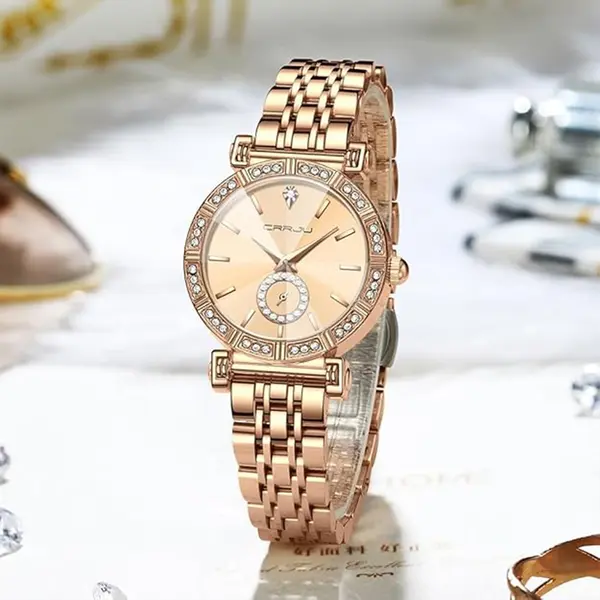 CRRJU 2494 Classic Fashion Rhinestone Diamond Movement Analog Dress  Women Watch – Dial Color: Gold, Strap Color:  Brown  – View 3