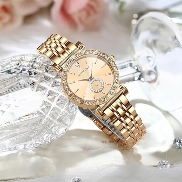 CRRJU 2494 Classic Fashion Rhinestone Diamond Movement Analog Dress  Women Watch – Dial Color: Gold, Strap Color:  Brown  – View 4
