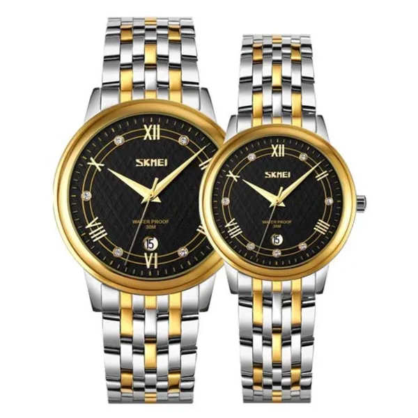 SKMEI 9272 Stainless Steel Buckle Strap Waterproof Quartz Unisex Watch – Dial Color: Gold, Strap Color: Gold – View 1