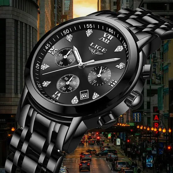 LIGE 10020 Analog Premium Stainless Steel Luxury Men's Watch – Dial Color: Black, Strap Color: Black – View 2