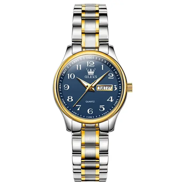 OLEVS 5567 Royal Stainless Steel Waterproof Chronograph Couple's Watch with Luminous – Dial Color: Blue, Strap Color: White Gold – View 2