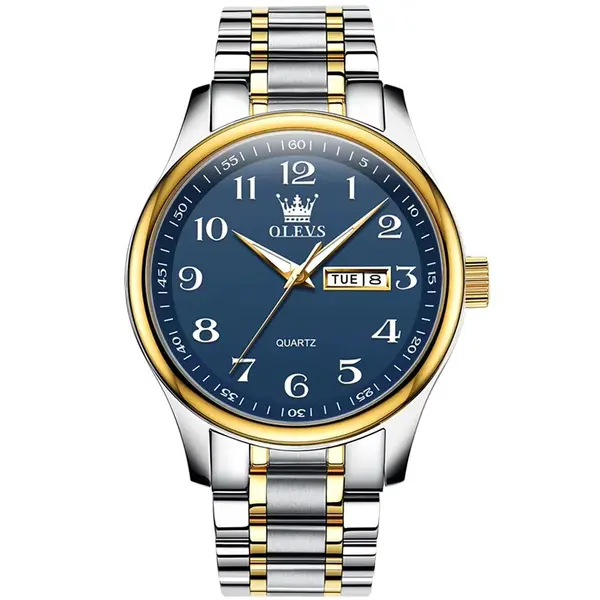 OLEVS 5567 Royal Stainless Steel Waterproof Chronograph Couple's Watch with Luminous – Dial Color: Blue, Strap Color: White Gold – View 1