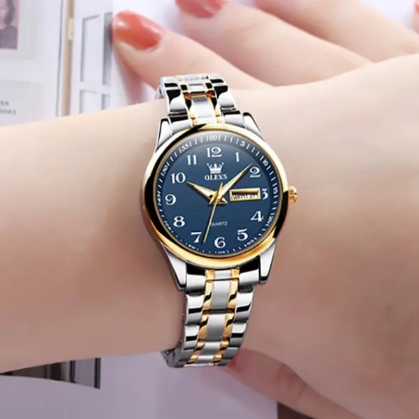 OLEVS 5567 Royal Stainless Steel Waterproof Chronograph Couple's Watch with Luminous – Dial Color: Blue, Strap Color: White Gold – View 4