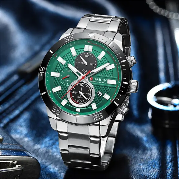 Curren-8417 High Quality Stainless Steel Luminous Men's Watch – Dial Color: Green, Strap Color: Silver – View 4