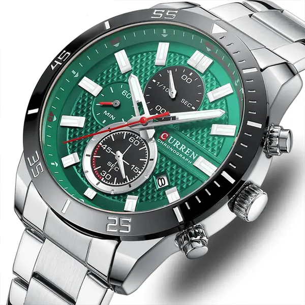 Curren-8417 High Quality Stainless Steel Luminous Men's Watch – Dial Color: Green, Strap Color: Silver – View 3