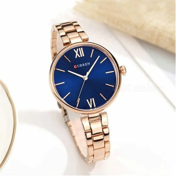 Curren 9017 Stainless Steel Analog Wrist Watch for Women – Dial Color: Blue, Strap Color:  Brown  – View 3