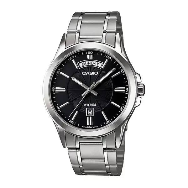 CASIO MTP-1381D-7AVDF ENTICER Stainless Steel Silver Chain Men's Water Resistant Watch – Dial Color: Black, Strap Color: Silver – View 1