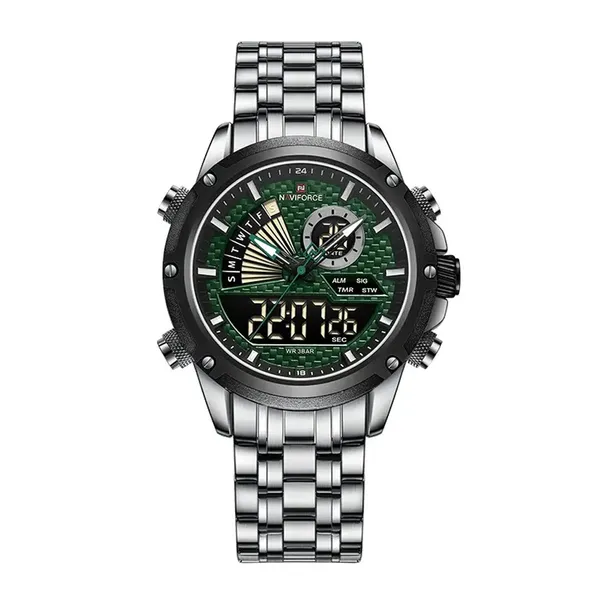 NAVIFORCE NF9205 Mechanical Style Dual Display Sports Men’s Watch – Dial Color: Green, Strap Color: Silver – View 1