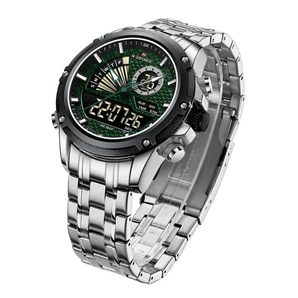 NAVIFORCE NF9205 Mechanical Style Dual Display Sports Men’s Watch – Dial Color: Green, Strap Color: Silver – View 2