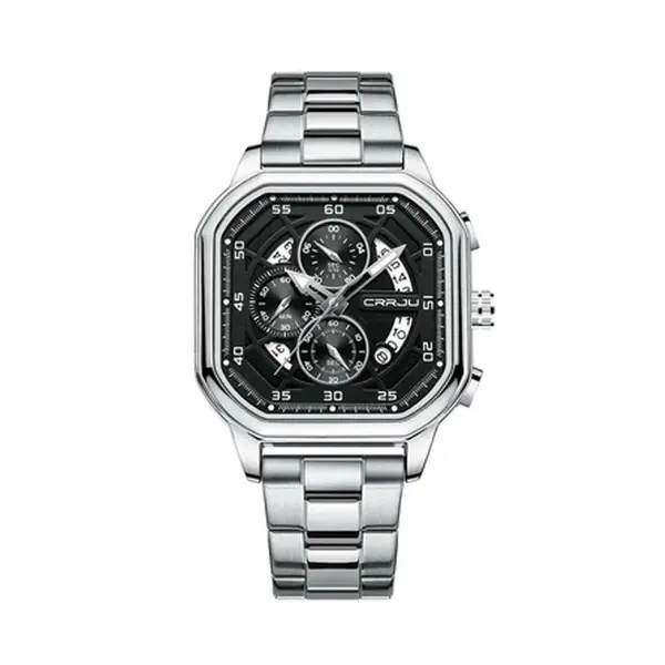 CRRJU 2314 Stainless Steel Square Dial Quartz Luxury Fashion Men's Watch – Dial Color: Black, Strap Color: Silver – View 1