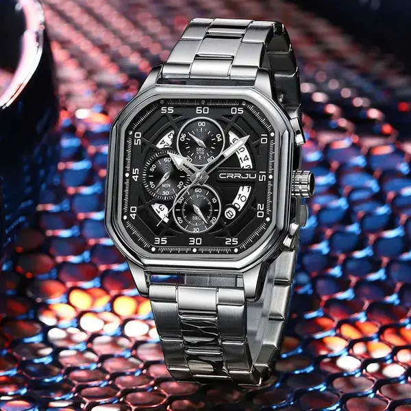 CRRJU 2314 Stainless Steel Square Dial Quartz Luxury Fashion Men's Watch – Dial Color: Black, Strap Color: Silver – View 2