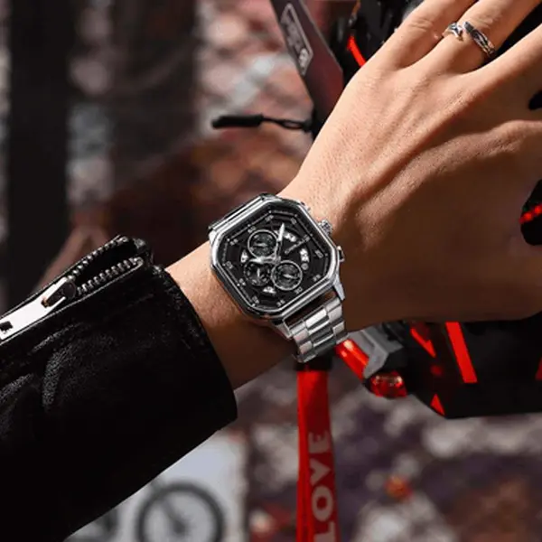 CRRJU 2314 Stainless Steel Square Dial Quartz Luxury Fashion Men's Watch – Dial Color: Black, Strap Color: Silver – View 3