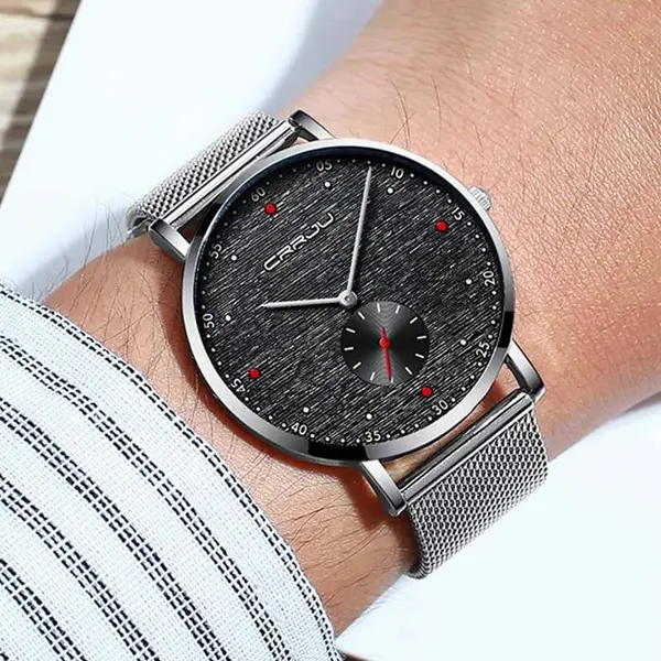 CRRJU 2163 Minimalist Stainless Steel Multifunctional Analog Quartz Men's Watch – Dial Color: Black, Strap Color: Silver – View 2