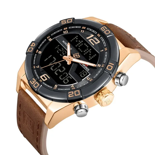 NAVIFORCE NF9128 Dual Display PU Leather Men's Watch – Dial Color: Rose, Strap Color:  Brown  – View 2