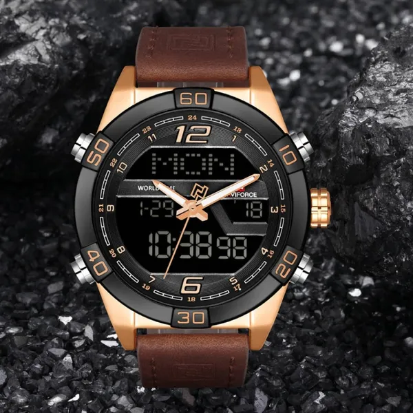 NAVIFORCE NF9128 Dual Display PU Leather Men's Watch – Dial Color: Rose, Strap Color:  Brown  – View 3