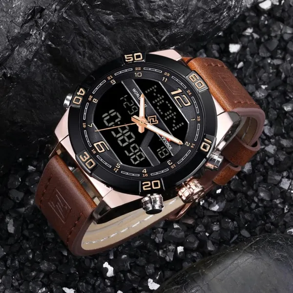 NAVIFORCE NF9128 Dual Display PU Leather Men's Watch – Dial Color: Rose, Strap Color:  Brown  – View 4