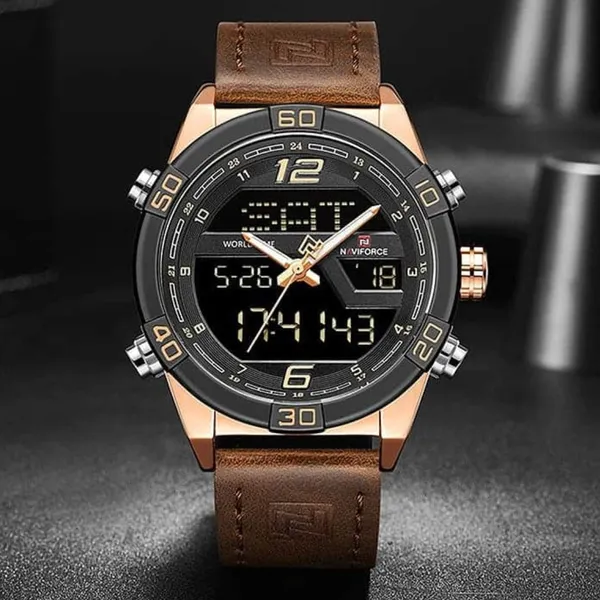 NAVIFORCE NF9128 Dual Display PU Leather Men's Watch – Dial Color: Rose, Strap Color:  Brown  – View 5