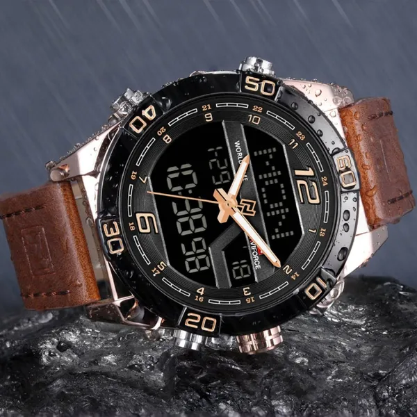 NAVIFORCE NF9128 Dual Display PU Leather Men's Watch – Dial Color: Rose, Strap Color:  Brown  – View 6