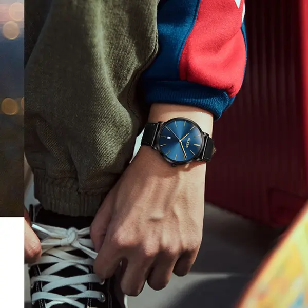 OLEVS 5869 Comfy Leather Strap Waterproof Ultra Slim Couple's Wristwatch – Dial Color: Blue, Strap Color: Black – View 2