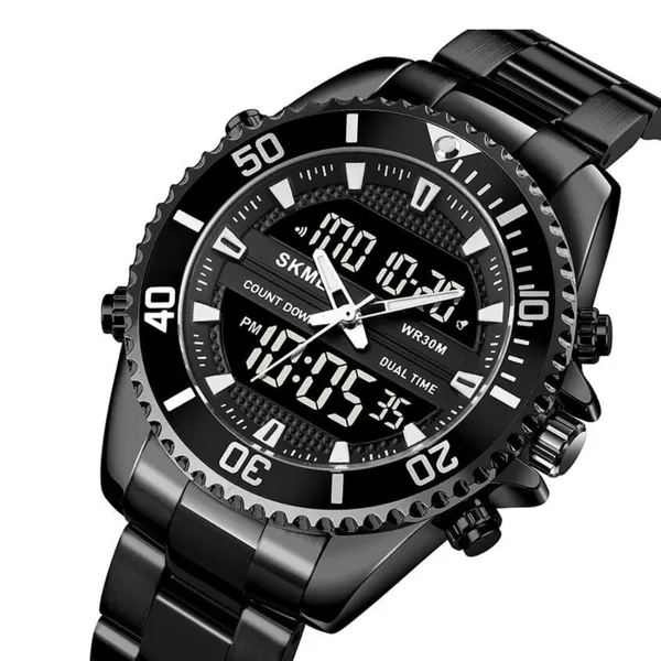 Skmei 1850 Dual Movement Waterproof Multifunction Men's Watch – Dial Color: Black, Strap Color: Black – View 2