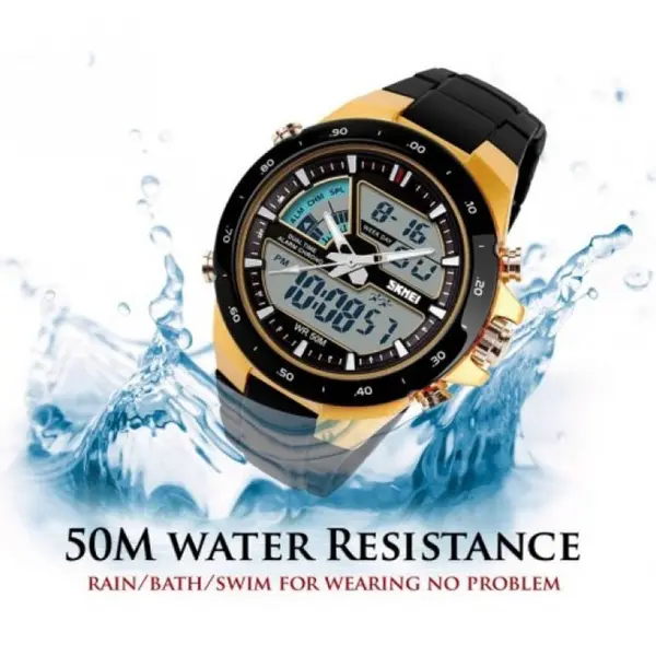 SKMEI 1016 Dual Time PU Leather Sporty Men's Watch – Dial Color: Black, Strap Color: Gold  – View 4