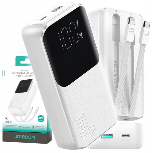 JOYROOM JR-PBC07 Lightning Dual Cables 30W Mini Power Bank – Color: White – View 3