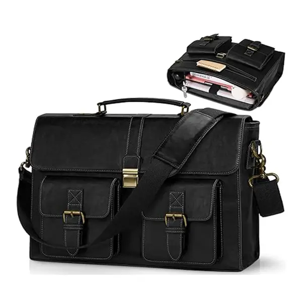 RAINSMORE Mens Messenger Bag 15.6 Inch Waterproof Leather Office Work Bag – Color: Black – View 1
