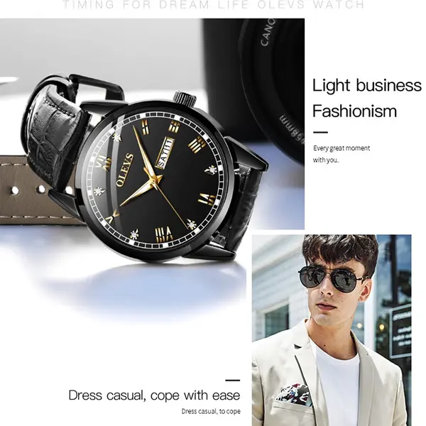 OLEVS 6896 Business Leather Strap Diamond Studded Gold Dial Waterproof Analog Wristwatch  – Dial Color: Black, Strap Color: Black – View 3