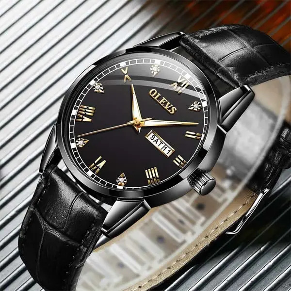 OLEVS 6896 Business Leather Strap Diamond Studded Gold Dial Waterproof Analog Wristwatch  – Dial Color: Black, Strap Color: Black – View 2