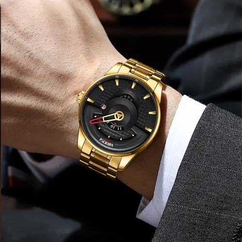 Nibosi 2509 High Quality Stainless Steel Fashion Men's Watch – Dial Color: Black, Strap Color: Gold  – View 4