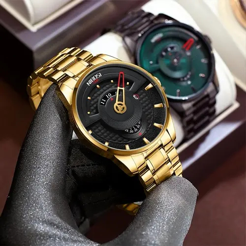 Nibosi 2509 High Quality Stainless Steel Fashion Men's Watch – Dial Color: Black, Strap Color: Gold  – View 3