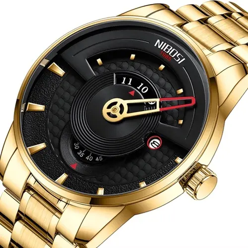 Nibosi 2509 High Quality Stainless Steel Fashion Men's Watch – Dial Color: Black, Strap Color: Gold  – View 2