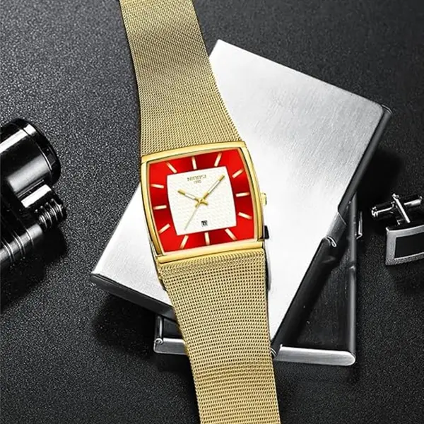 Nibosi 2376 Comfortable Mesh Stainless Steel Fashion Men's Watch – Dial Color: White, Strap Color: Gold – View 4