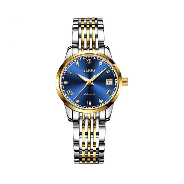 OLEVS 6602 Stainless Steel luxurious Casual Waterproof Automatic Watch – Dial Color: Blue, Strap Color: Gold  – View 1