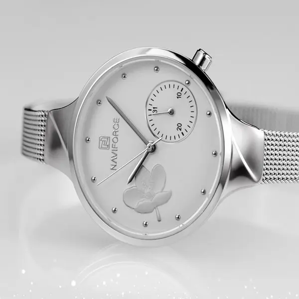 NAVIFORCE NF5001 PU Leather Sub-Dial Chronograph Watch For Women – Dial Color: White, Strap Color: White – View 3