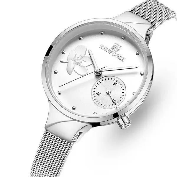 NAVIFORCE NF5001 PU Leather Sub-Dial Chronograph Watch For Women – Dial Color: White, Strap Color: White – View 2