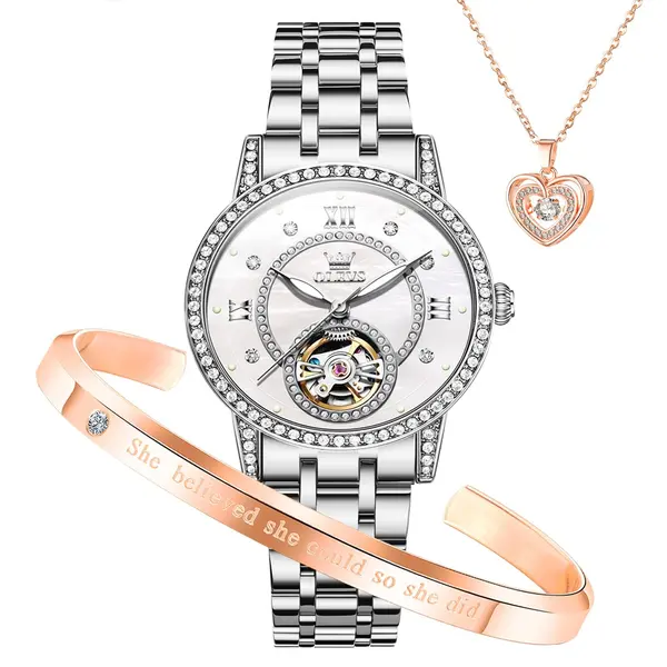 OLEVS 7036 Luminous Hands Mechanical Waterproof Lady Watch – Dial Color: White, Strap Color: Silver – View 2