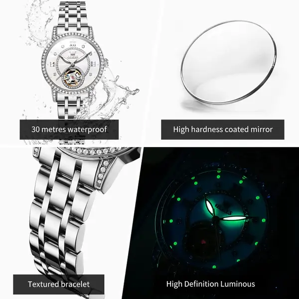 OLEVS 7036 Luminous Hands Mechanical Waterproof Lady Watch – Dial Color: White, Strap Color: Silver – View 3