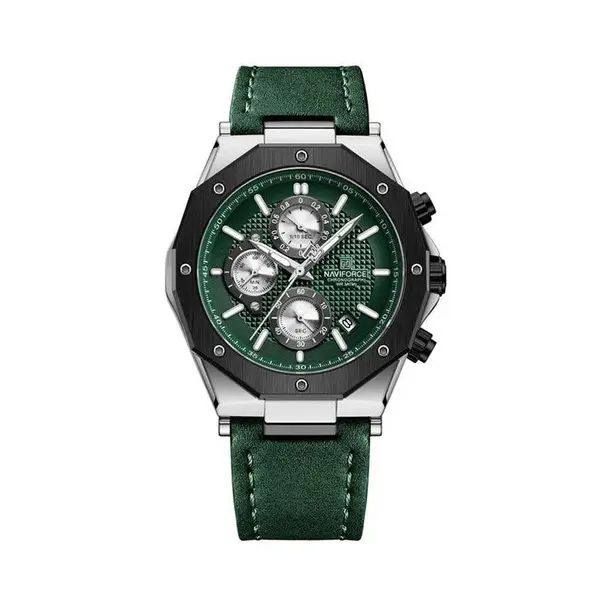 Naviforce NF8028 Luxury Genuine Leather Straps Chronograph Sports Men's Watch – Dial Color: Green, Strap Color: Silver – View 1