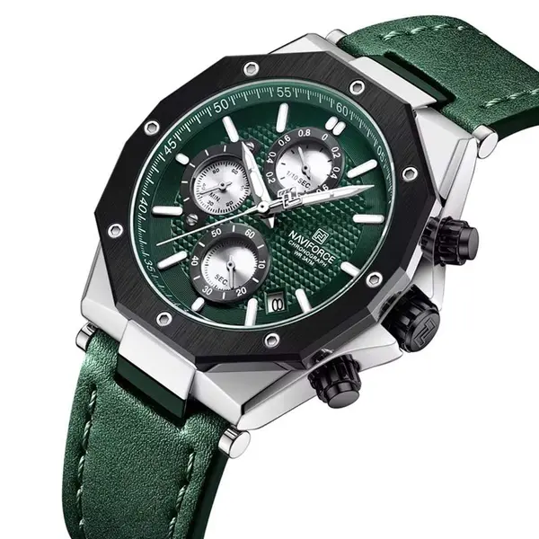 Naviforce NF8028 Luxury Genuine Leather Straps Chronograph Sports Men's Watch – Dial Color: Green, Strap Color: Silver – View 2