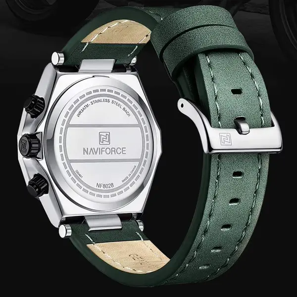 Naviforce NF8028 Luxury Genuine Leather Straps Chronograph Sports Men's Watch – Dial Color: Green, Strap Color: Silver – View 3