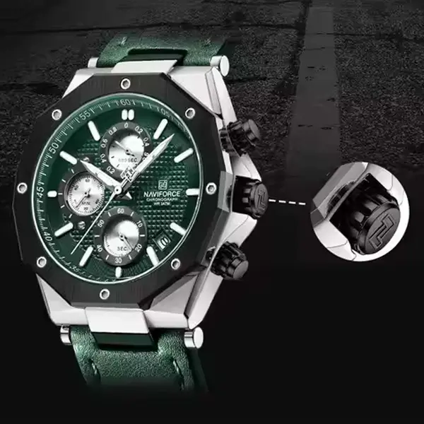 Naviforce NF8028 Luxury Genuine Leather Straps Chronograph Sports Men's Watch – Dial Color: Green, Strap Color: Silver – View 4
