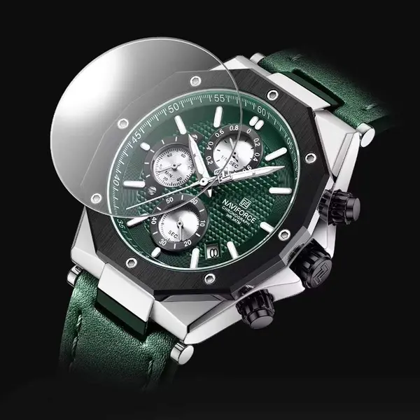 Naviforce NF8028 Luxury Genuine Leather Straps Chronograph Sports Men's Watch – Dial Color: Green, Strap Color: Silver – View 5