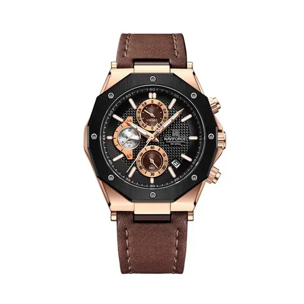 Naviforce NF8028 Luxury Genuine Leather Straps Chronograph Sports Men's Watch – Dial Color: Rose Gold, Strap Color:  Brown  – View 1