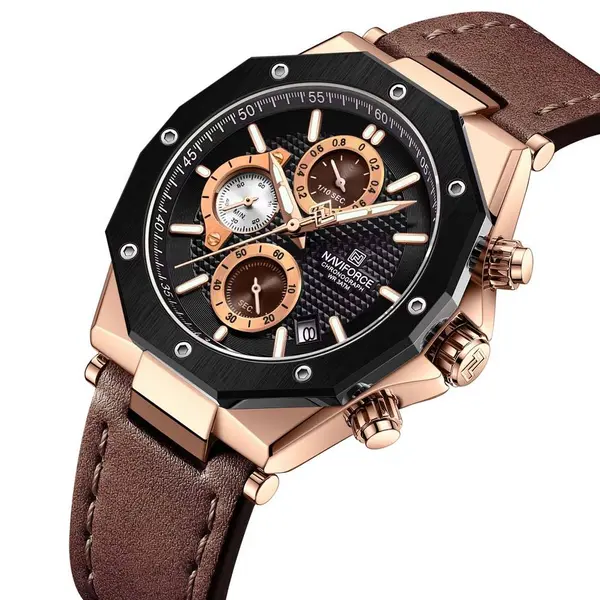 Naviforce NF8028 Luxury Genuine Leather Straps Chronograph Sports Men's Watch – Dial Color: Rose Gold, Strap Color:  Brown  – View 2