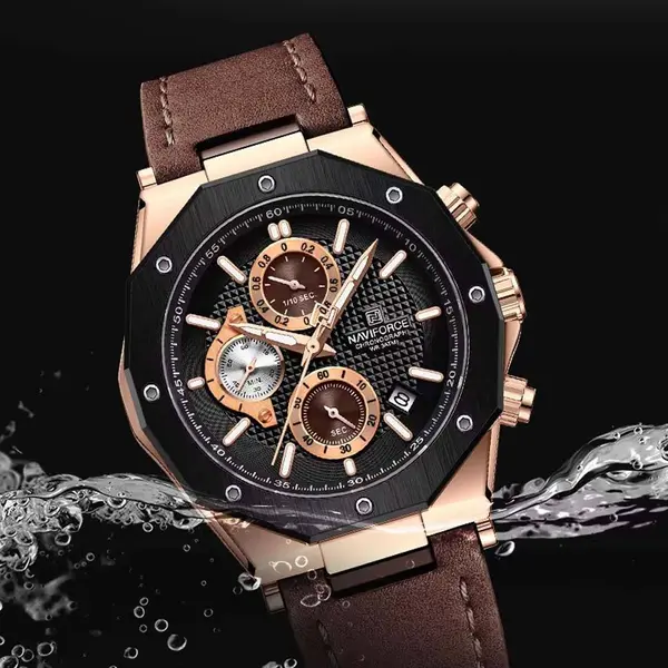 Naviforce NF8028 Luxury Genuine Leather Straps Chronograph Sports Men's Watch – Dial Color: Rose Gold, Strap Color:  Brown  – View 3